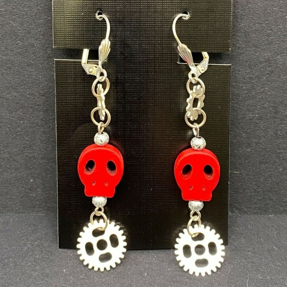 Handmade Red Skull & Gear Silver Tone Leverback Earrings by Neanie-Bot
